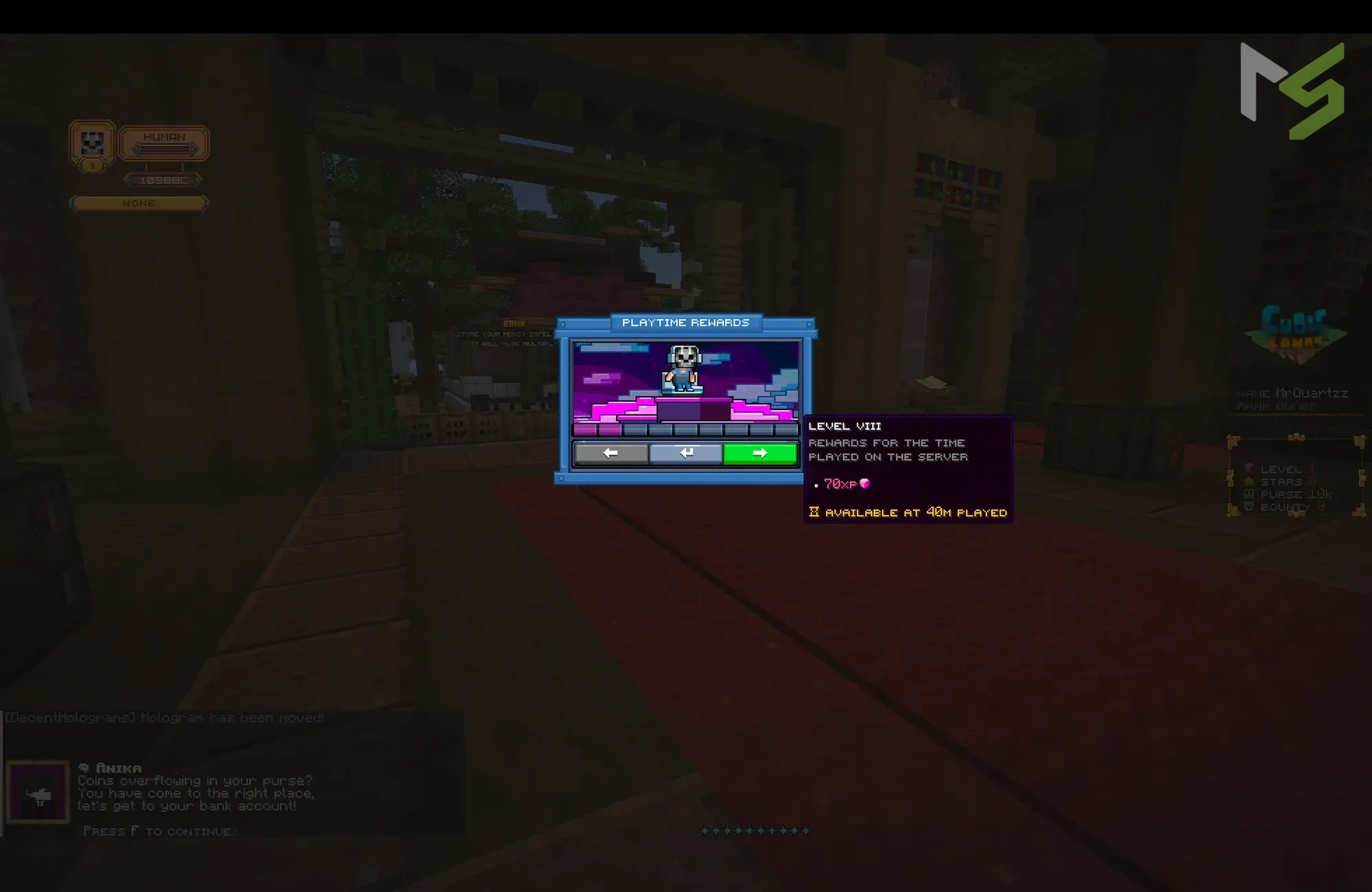 CubicLands playtime rewards menu